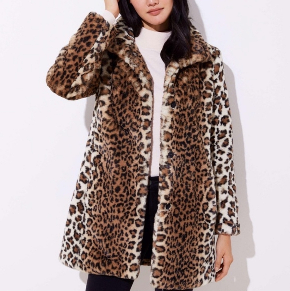 Loft Petites Leopard Print Faux Fur Jacket Coat Small Petite Brown Black Animal